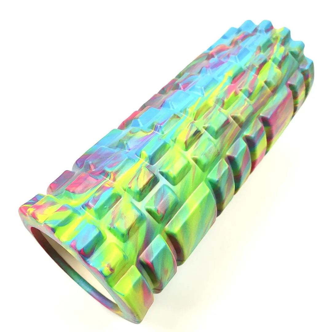 33cm long camouflage pattern EVA foam roller with 14cm diameter on a plain background.