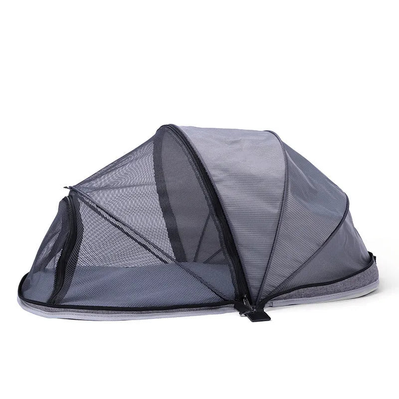 Portable cat folding tent with half mesh panels in black or blue colour options