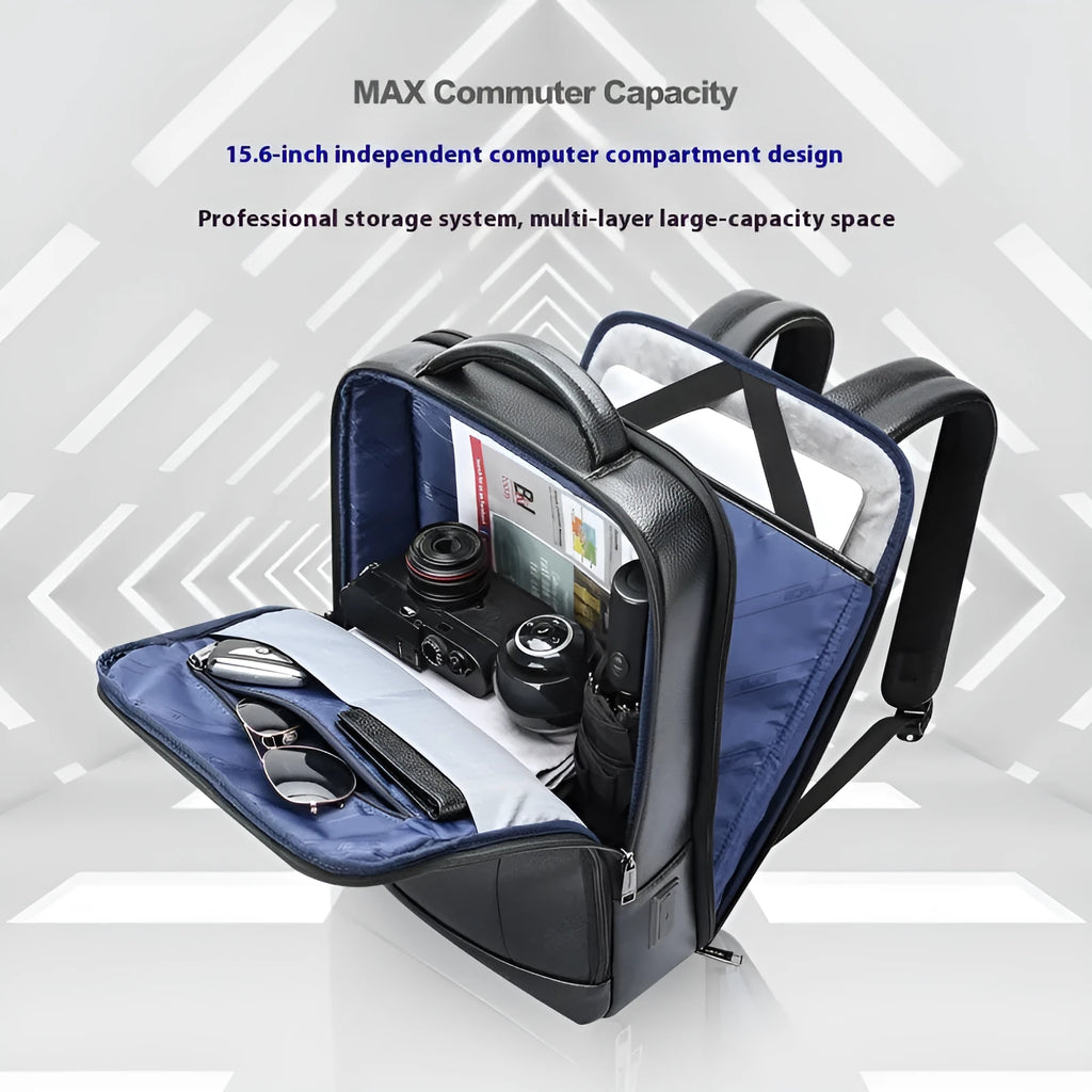 Black leather commuter backpack with USB interface and curved shoulder straps