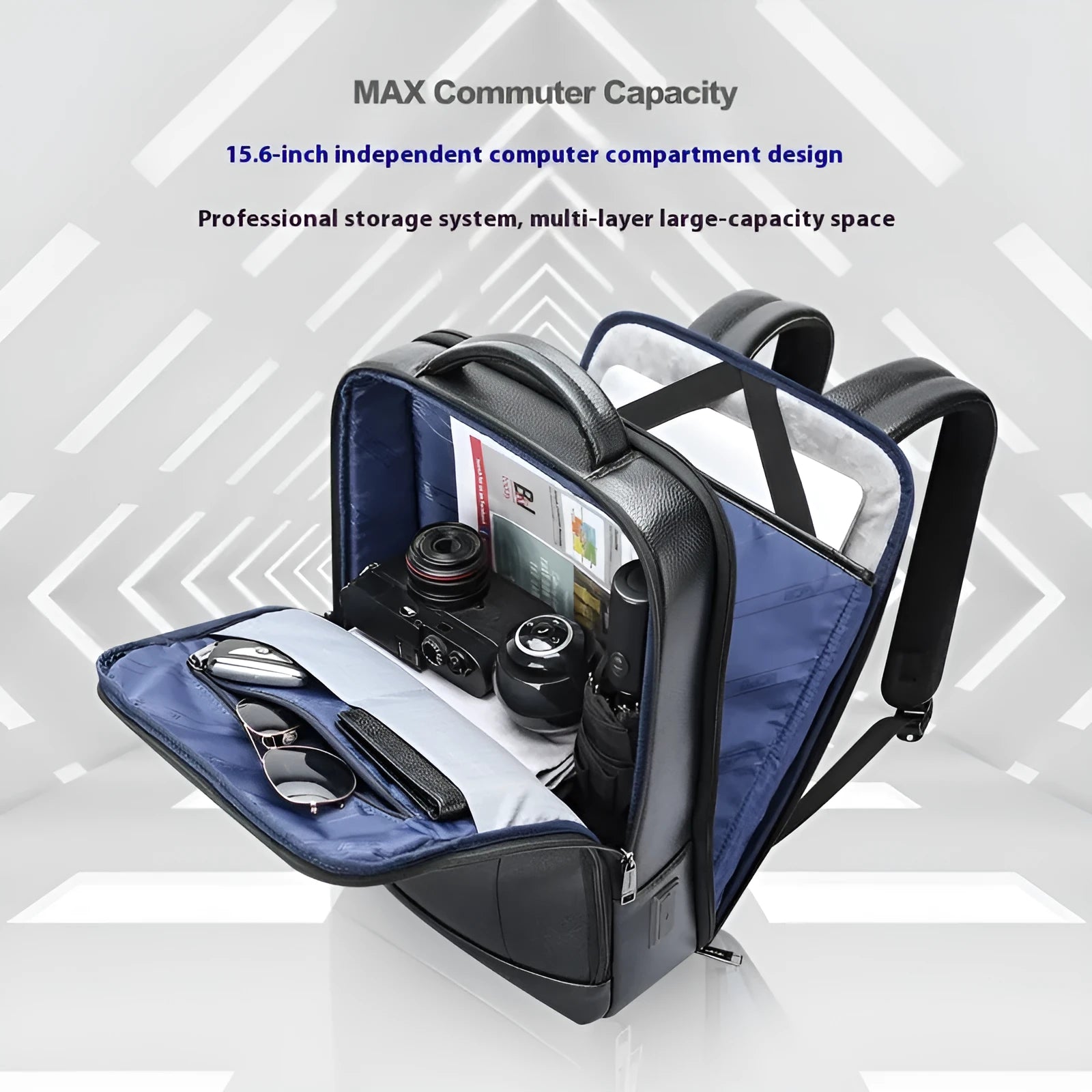 Black leather commuter backpack with USB interface and curved shoulder straps