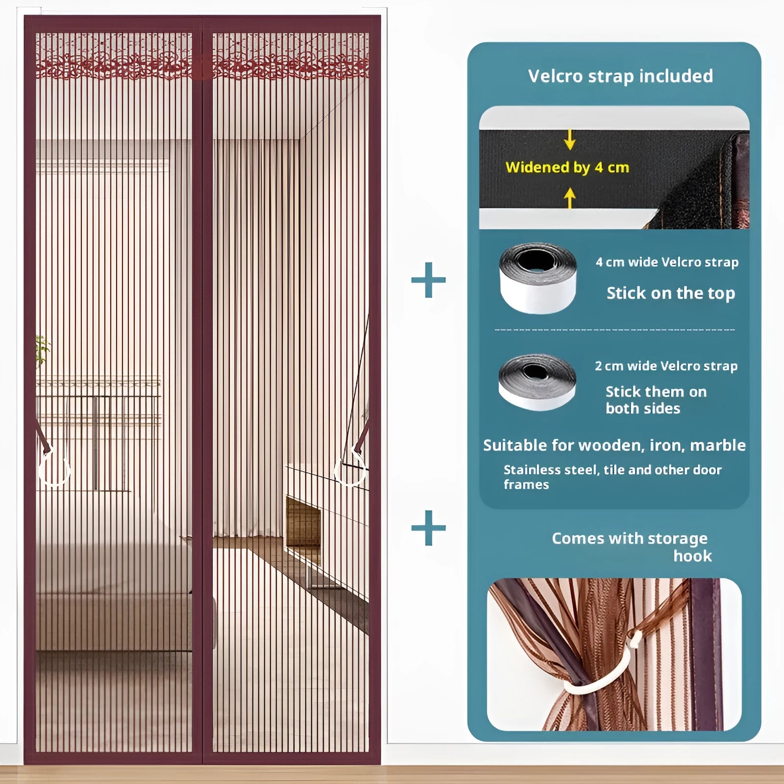 Self-priming Velcro door curtain in striped coffee colour measuring 90x230cm for household partition use