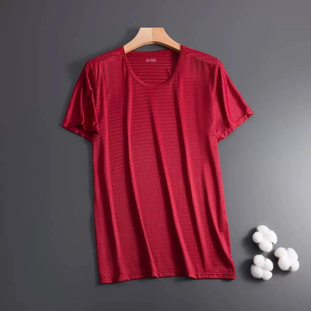 Men's ice silk short sleeve t-shirt in solid colours showing crew neck and loose fit construction
