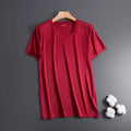 Men's ice silk short sleeve t-shirt in solid colours showing crew neck and loose fit construction