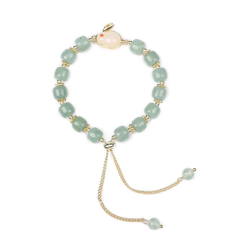 Women's casual rabbit bracelet with green aventurine natural stone beads and copper plated metal with 14k gold accents