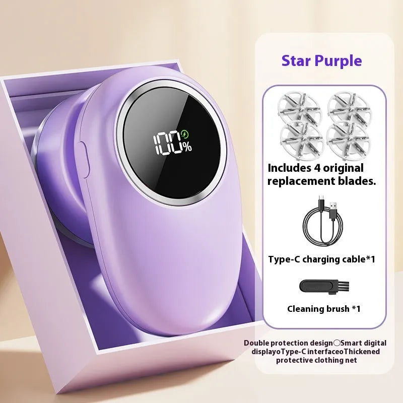 Digital fur ball trimmer with lint roller in beige or purple colour with removable cutter heads