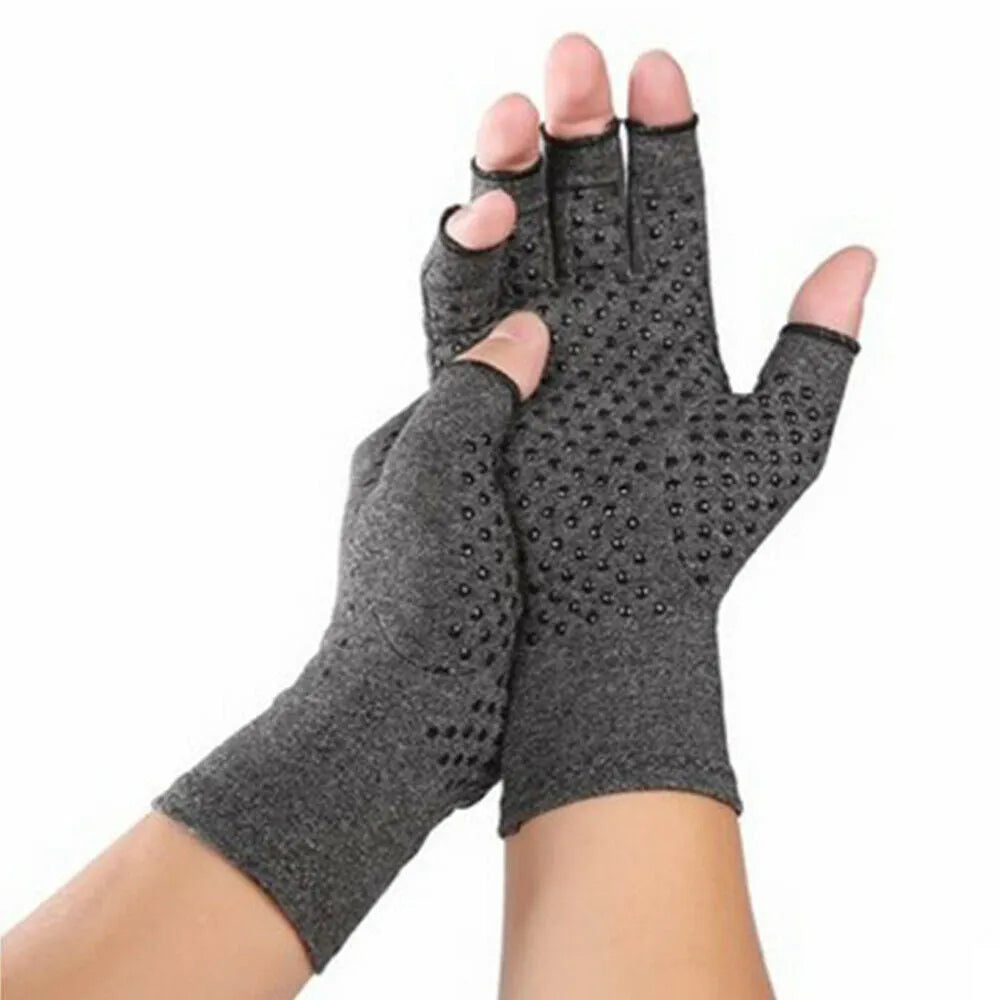 Grey half-finger compression gloves showing dispensing and standard fit options in three sizes