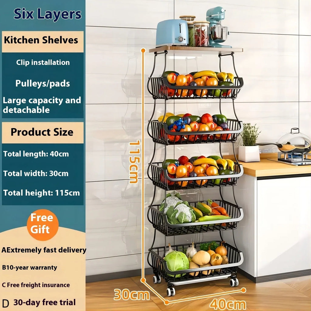 Black six-layer freestanding kitchen storage rack with foldable carbon steel frame