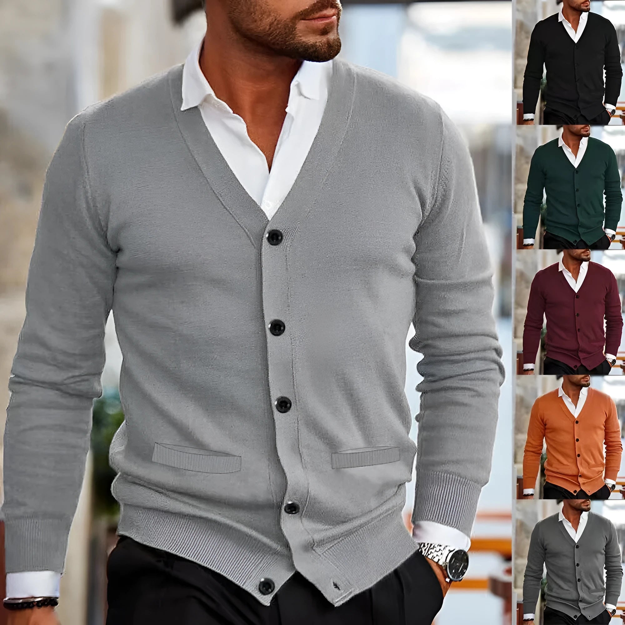 Men's slim fit acrylic cardigan sweater in a selection of colours including black, grey, and wine red.