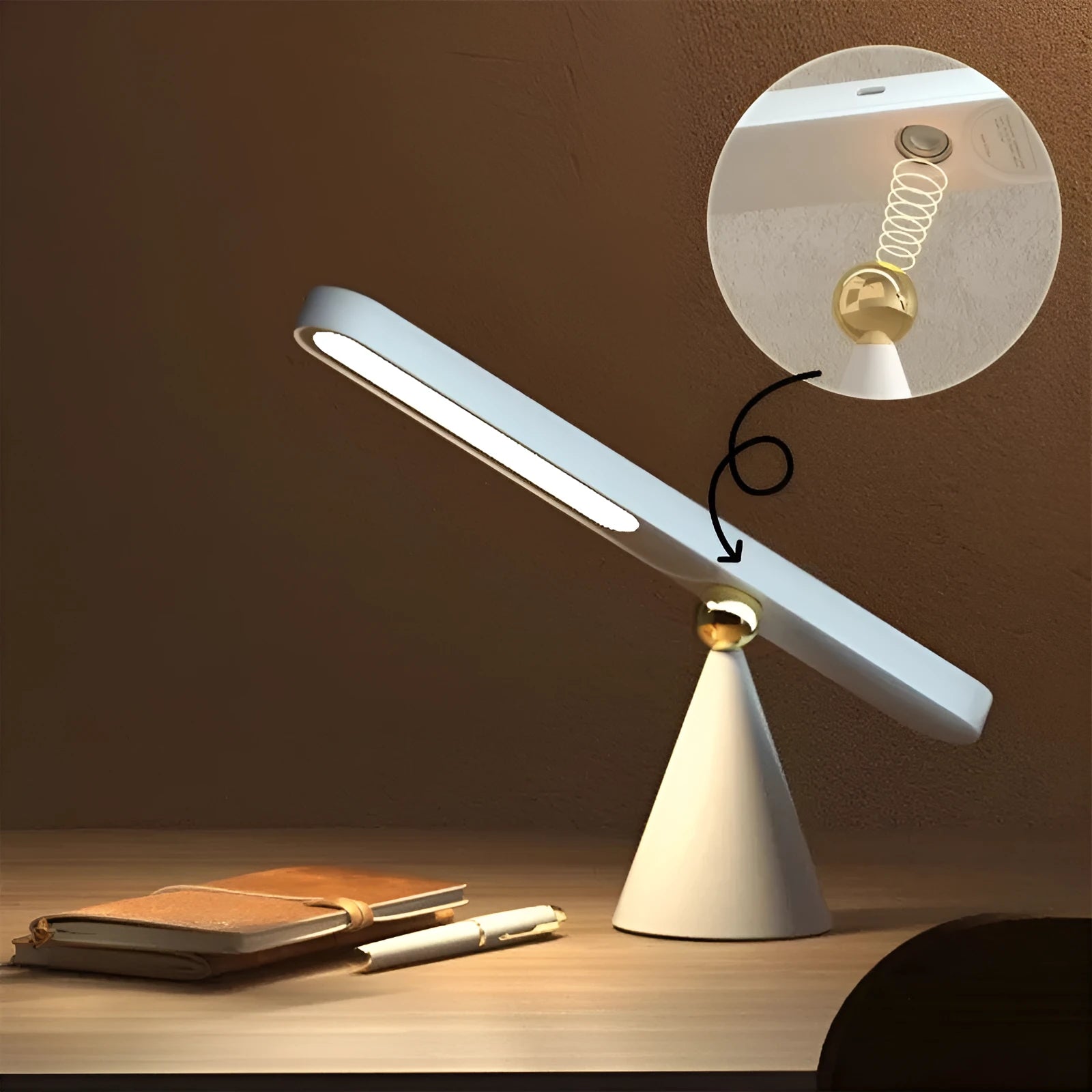 Geometric creative desk lamp with magnetic base shown in white on a desk.