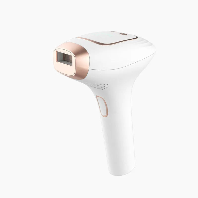 Pink and white three-in-one ice-sensing laser hair removal device with shaver attachment and protective glasses
