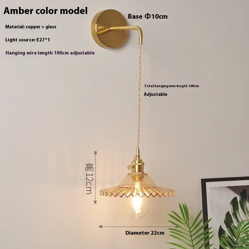 Copper retro brass lotus wall lamp with glass shade in choice of six colours on wall