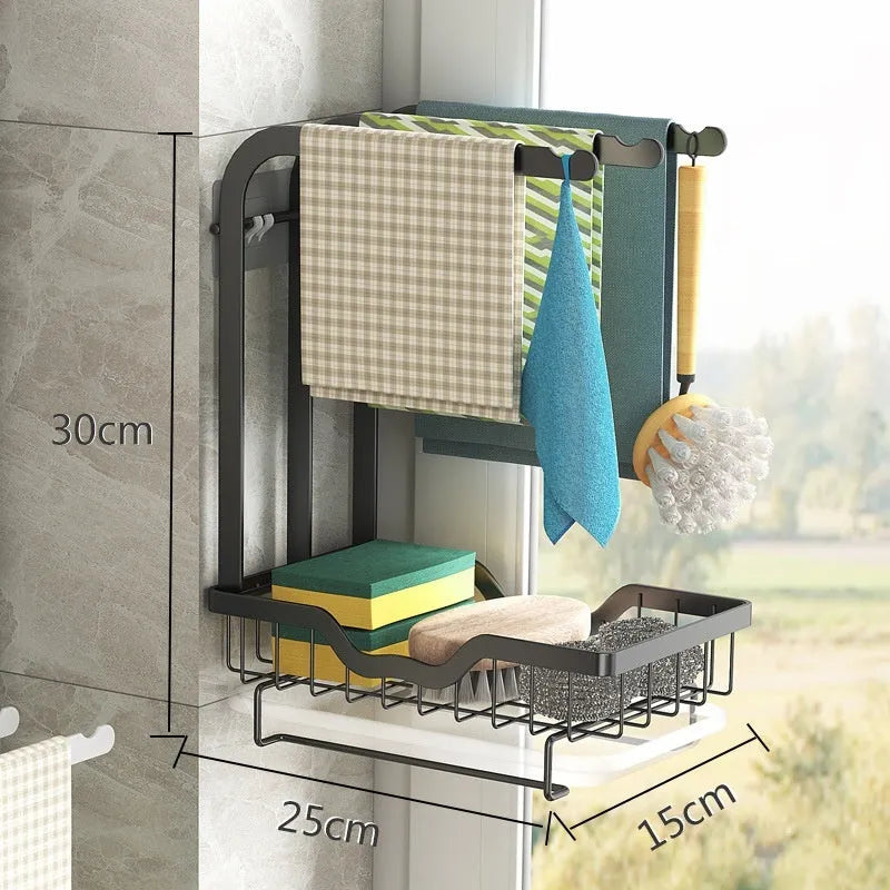 Foldable plastic kitchen rack for wall mounting or table top rag draining storage