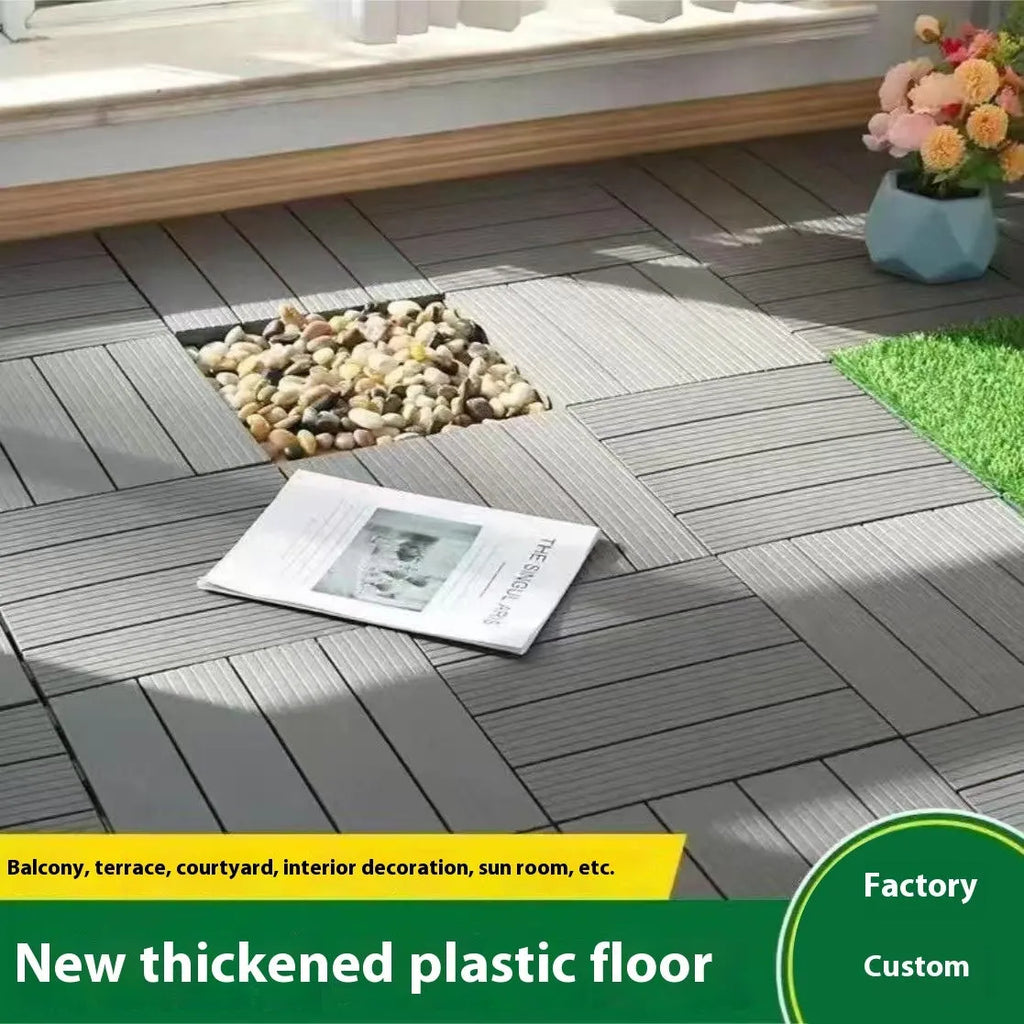 Wood grain plastic floor tiles showing interlocking edges, 300x300mm size with 23mm thickness