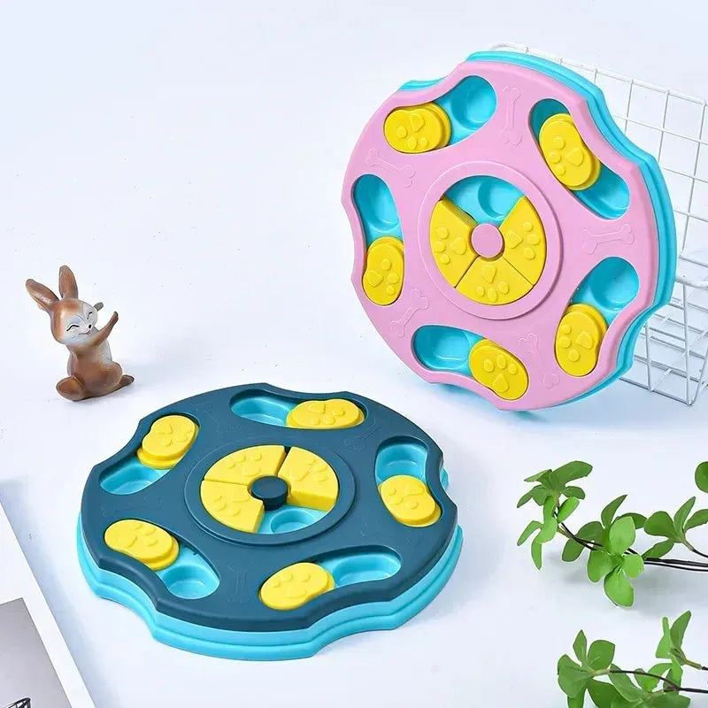 Blue durable dog puzzle feeder toy for aggressive chewers, shown as a 2-in-1 interactive food box and game.