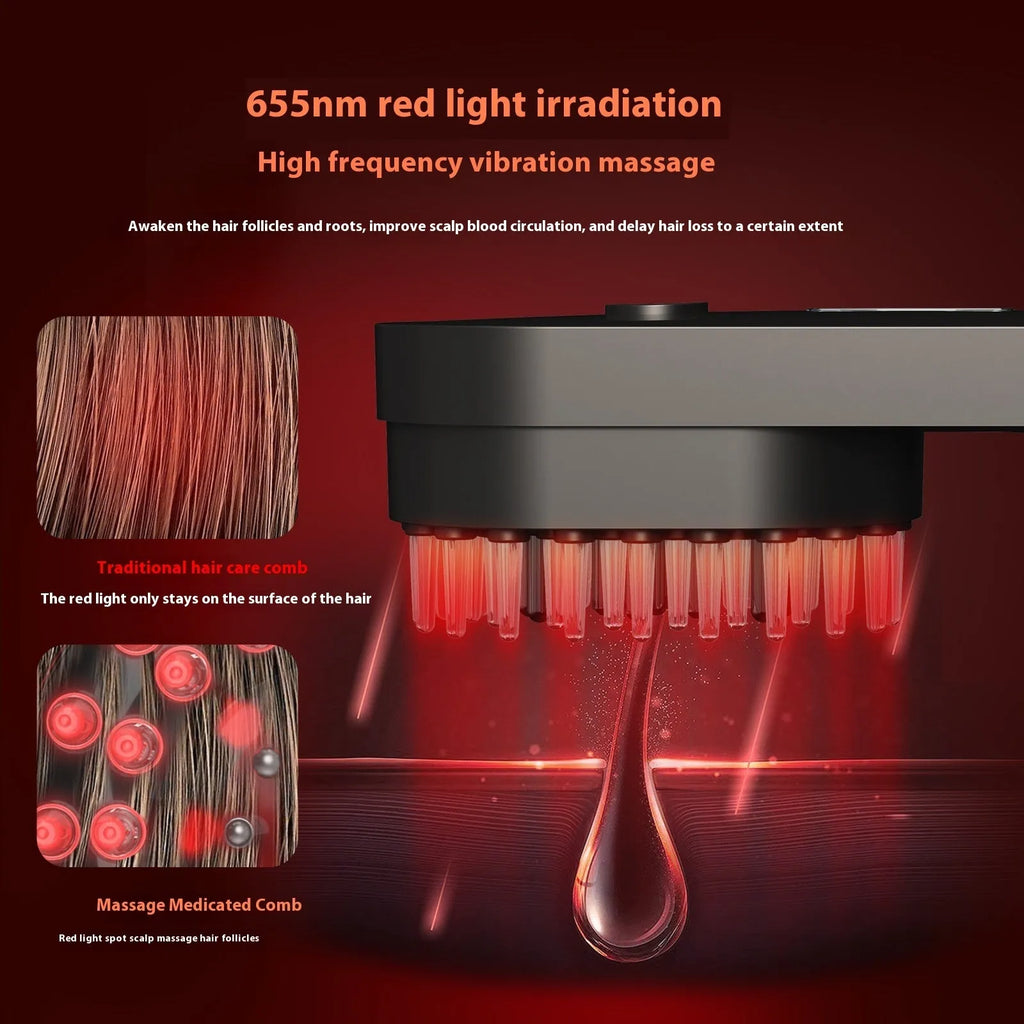 Smart massage comb with red light therapy in pink or black colour, under 10cm size