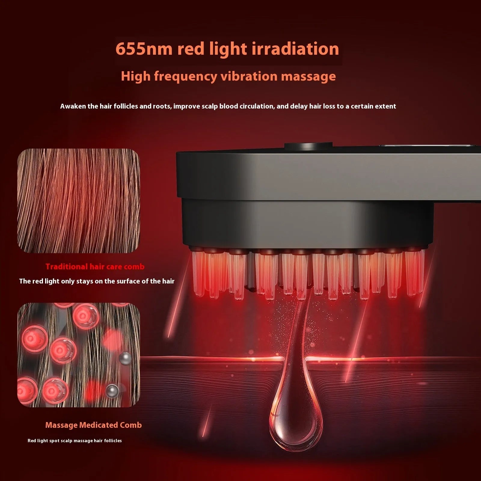 Smart massage comb with red light therapy in pink or black colour, under 10cm size
