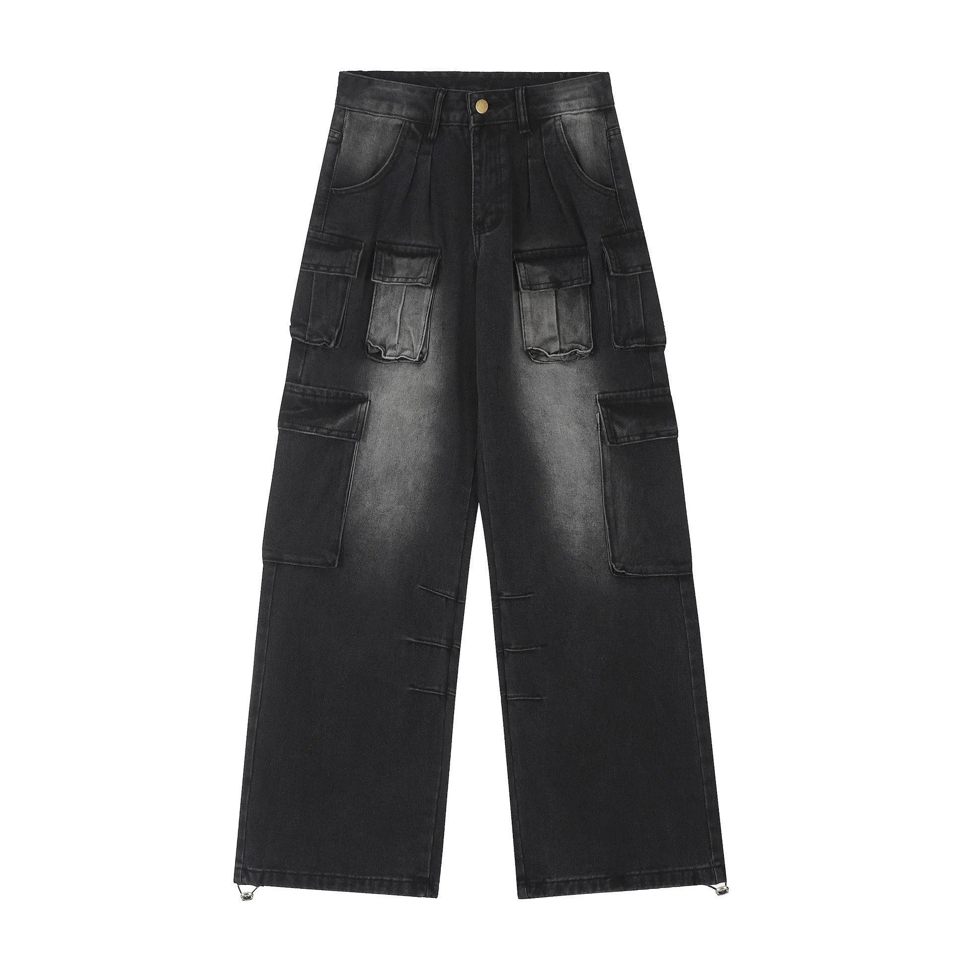 Man wearing loose fit light blue distressed jeans with multiple tooling pockets and straight leg silhouette.
