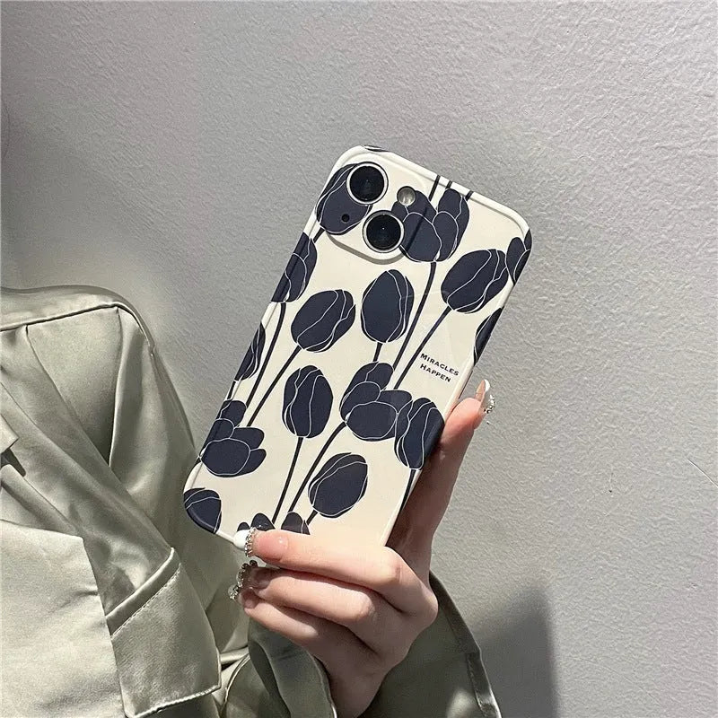 Black tulip silicone phone case back cover for iPhone 13 12 11 XR XS X