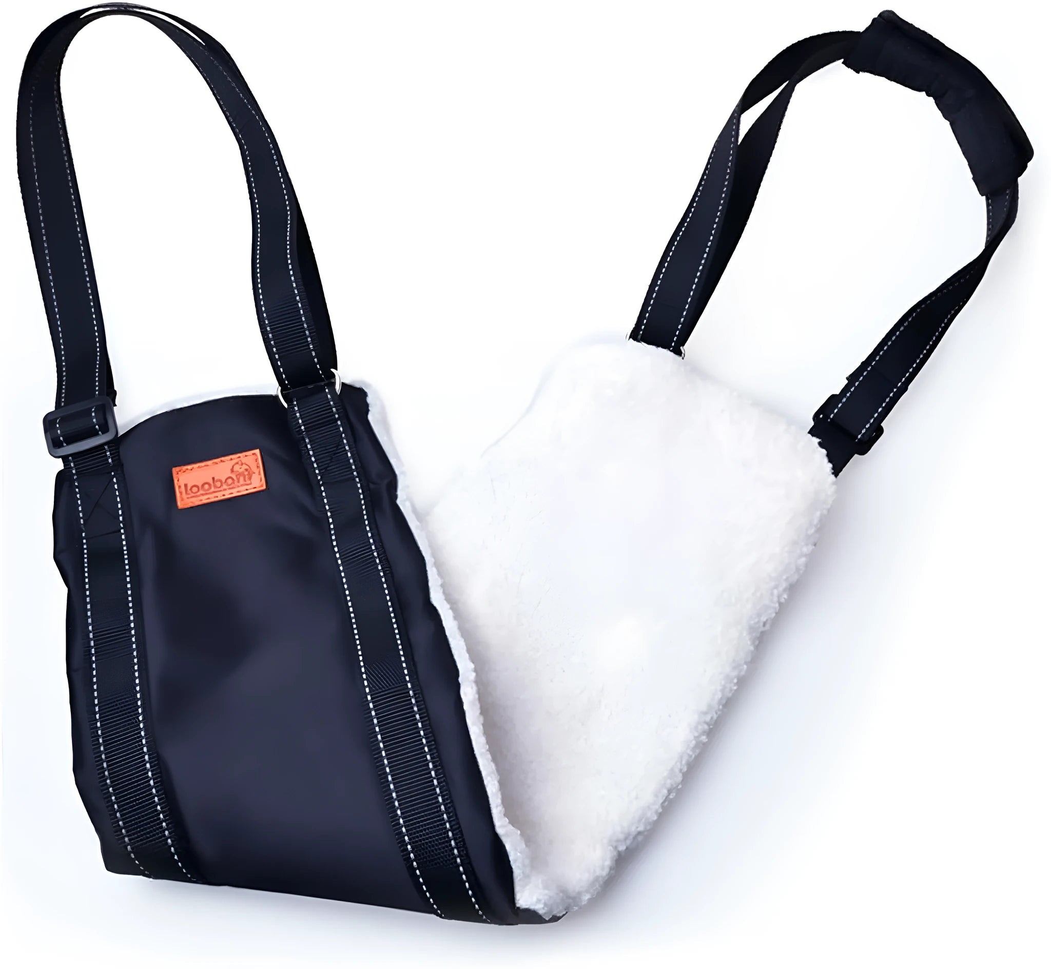 Portable dog sling with reflective nylon straps and padded handle, supporting a dog's hind legs
