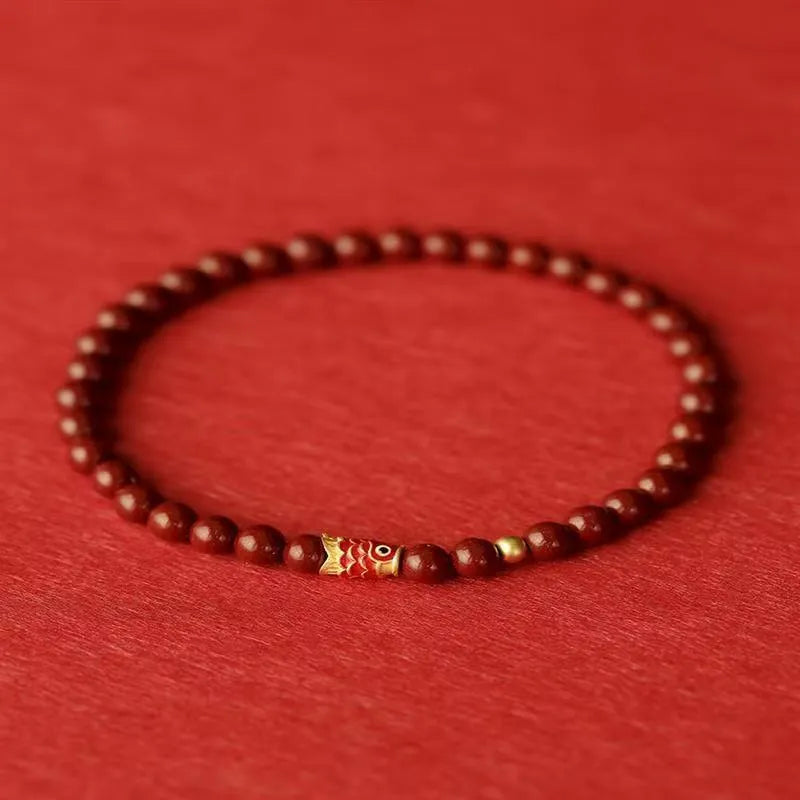 Natural raw ore cinnabar koi bracelet with gold ball, 4mm or 6mm bead size, national style, handmade