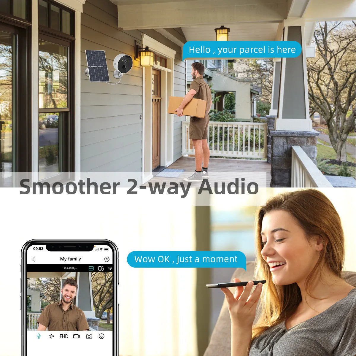 Solar panel and 1080P outdoor security camera system for low power consumption monitoring