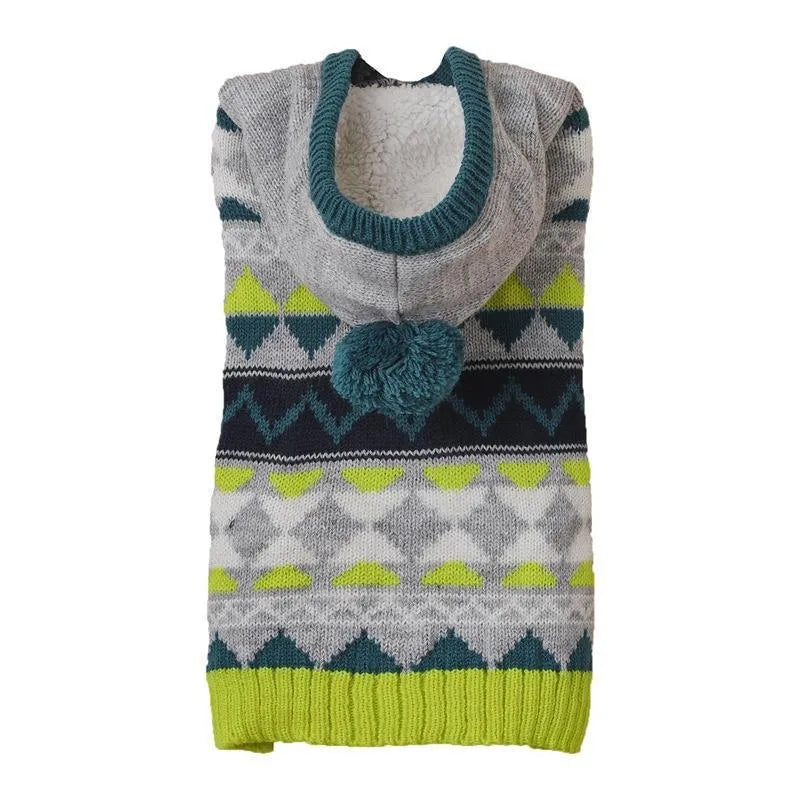 Green acrylic pet sweater with a diamond knit pattern for a small dog.