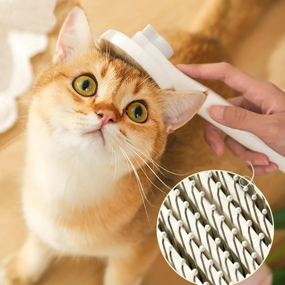 Blue self-cleaning pet grooming brush with round-tipped metal pins and a rubber handle.
