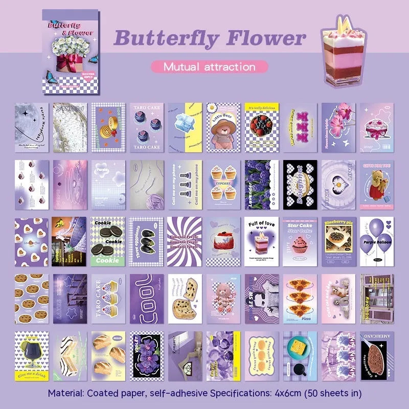 American retro cartoon sticker book with 50 sheets, each measuring 4x6cm, shown in multiple colour options.