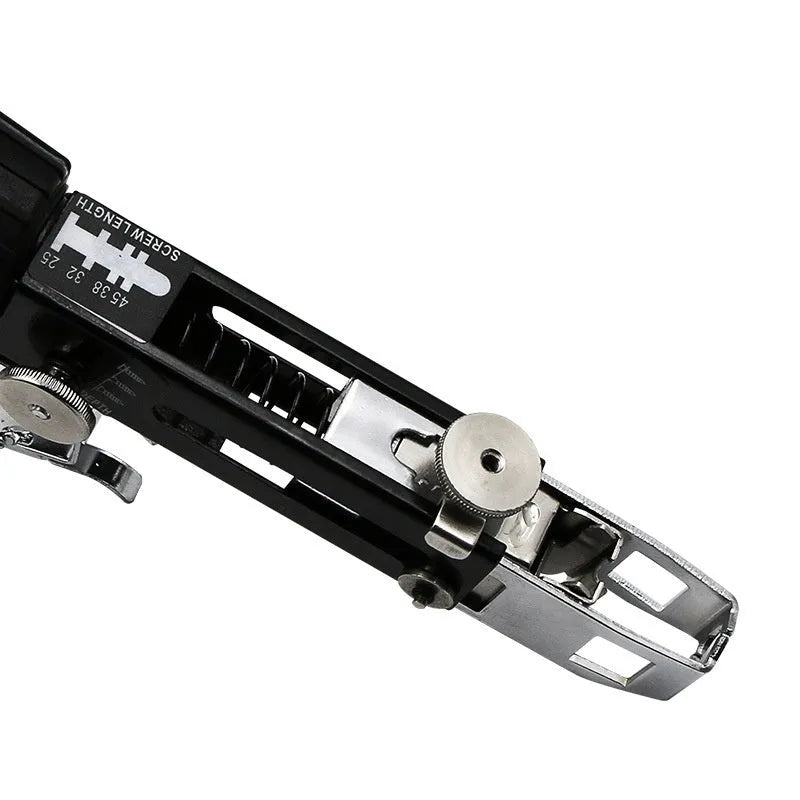 Chain screw gun head kit with metal attachment, chain strap, cross head tips, and plastic gun rack