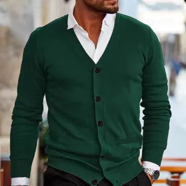 Men's slim fit acrylic cardigan sweater in a selection of colours including black, grey, and wine red.