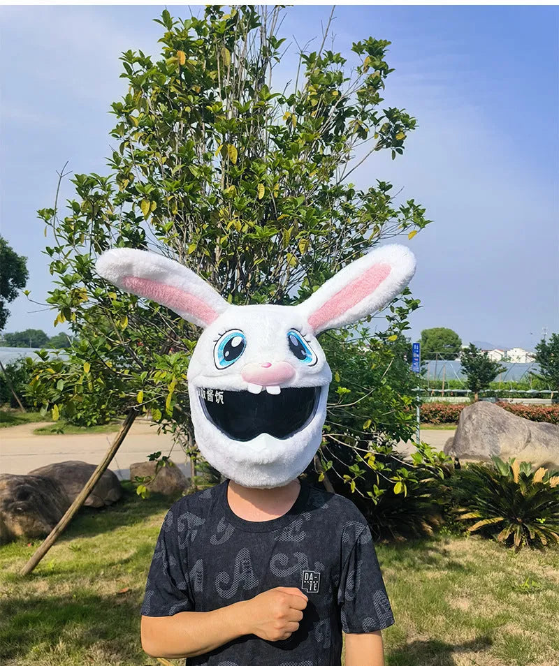 White rabbit head decorative helmet cover for electric motorcycles with long ears and plush material
