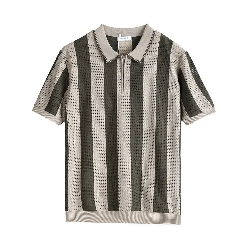Man wearing a black and white stripe short sleeve viscose sweater with a silver zip decoration on the chest.