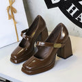 Retro high heel sandals with metal buckle strap, platform sole, square toe, in anchor red colour