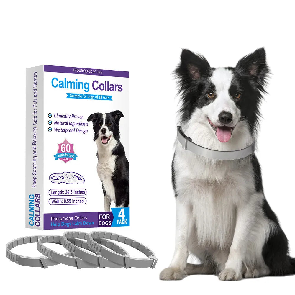 Four dog anxiety relief collars in different colours with Chinese style monochrome pattern