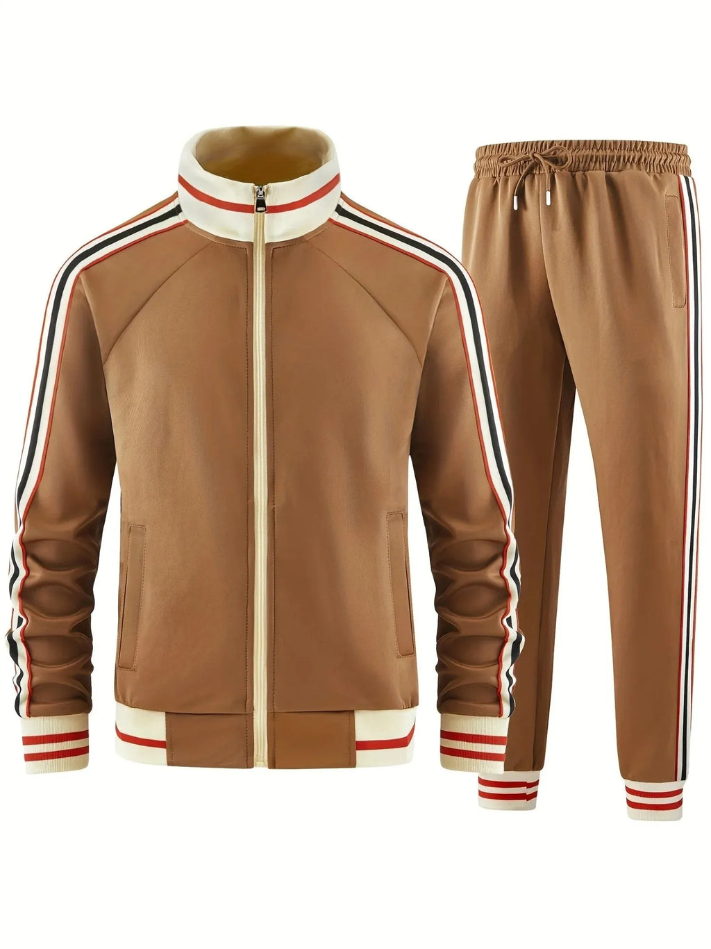 Men's khaki polyester turtleneck zipper cardigan and matching trousers street style suit