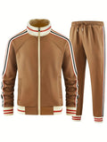 Men's khaki polyester turtleneck zipper cardigan and matching trousers street style suit