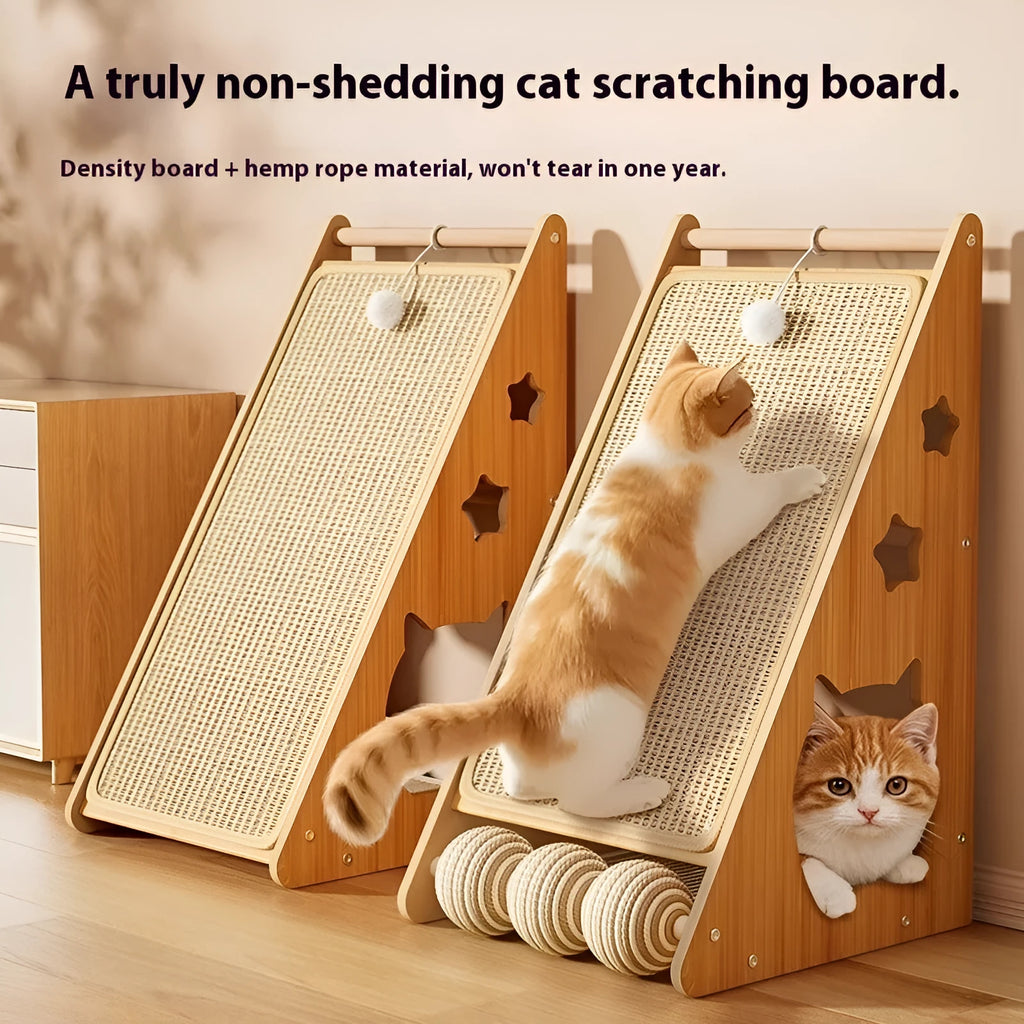 Vertical wall-mounted cat scratch board with hemp rope and teasing ball accessory