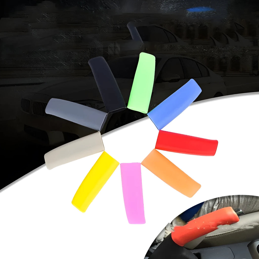 Universal silicone handbrake sleeve in red, blue, black, grey, and beige shown next to a car gear lever.