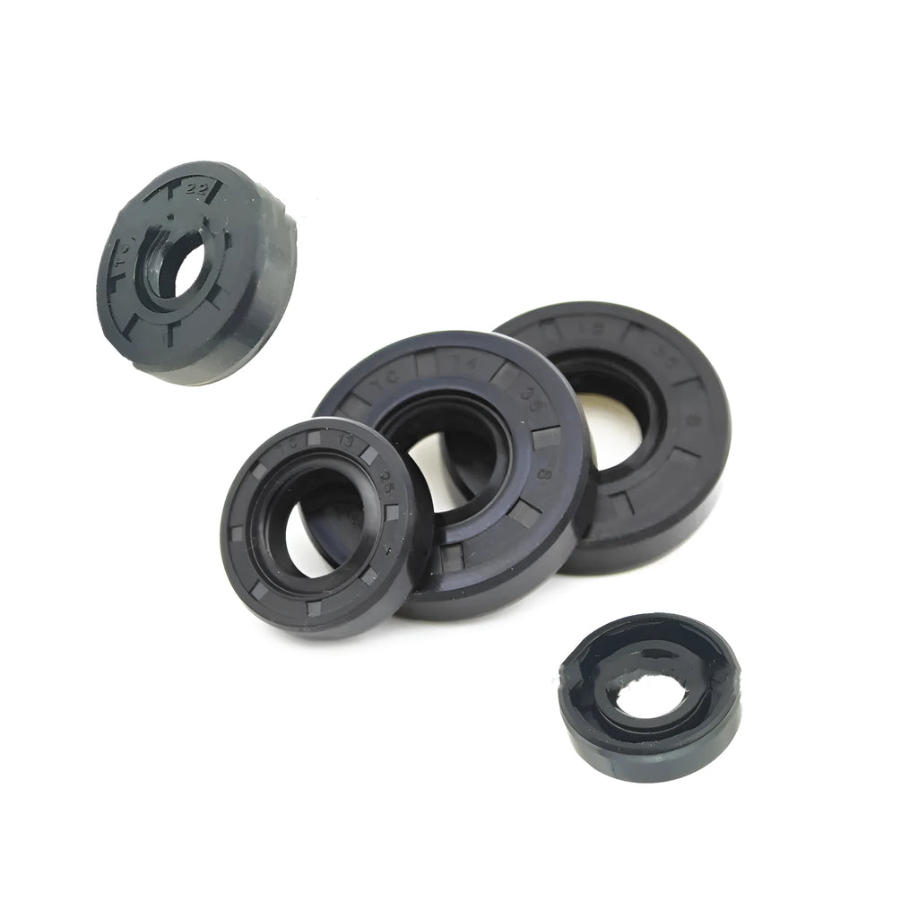 Ten black rubber and metal oil seals for AG100 motorcycle engines arranged on a white background.