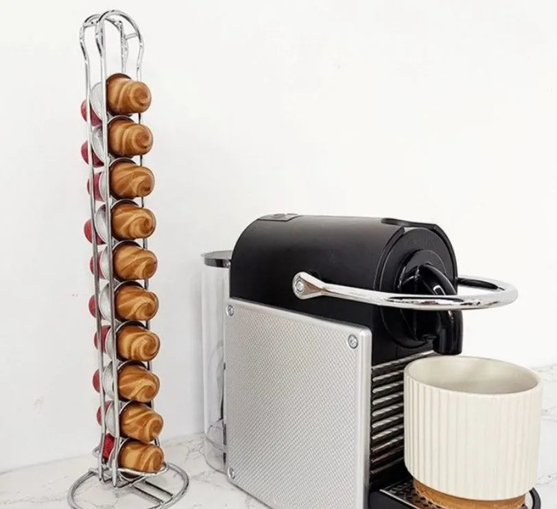 Wrought iron coffee capsule storage rack holding 20 capsules in black or silver finish