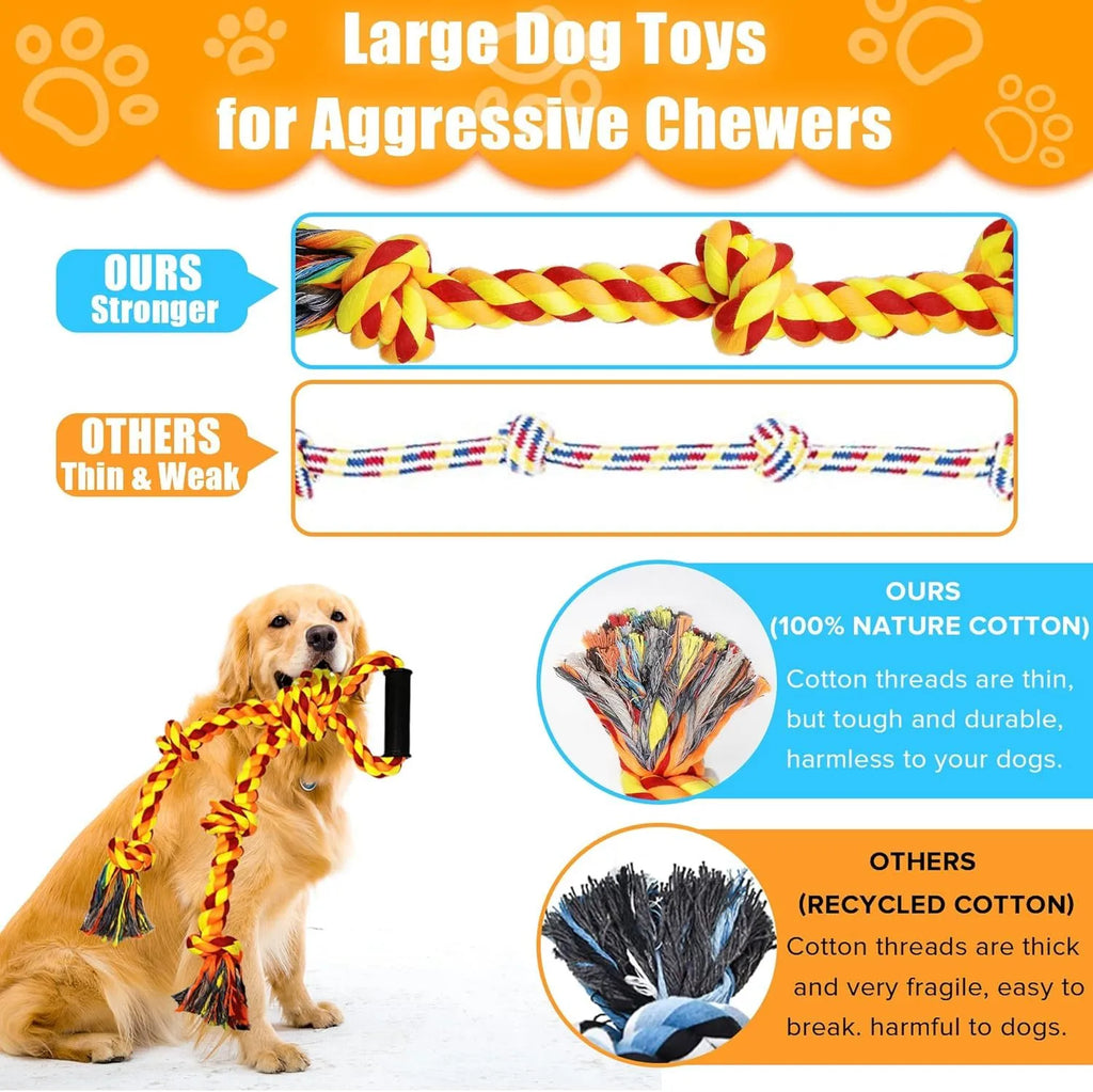 Blue and yellow cotton rope dog toy with reinforced centre connector for large breed chewing