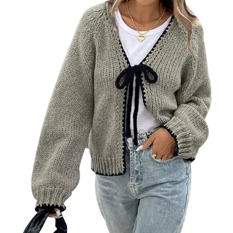 Lace-up cardigan in grey with crocheted flowers, loose fit, long sleeves, polyester fabric