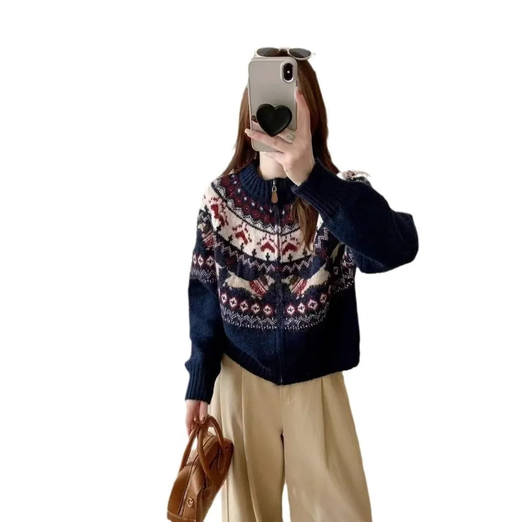 Ethnic style jacquard pullover sweater with 3D pattern in apricot colour showing round neck and long sleeves