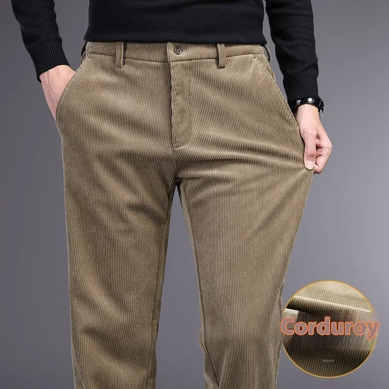 British retro striped straight leg trousers for men, available in khaki colour, showing side view