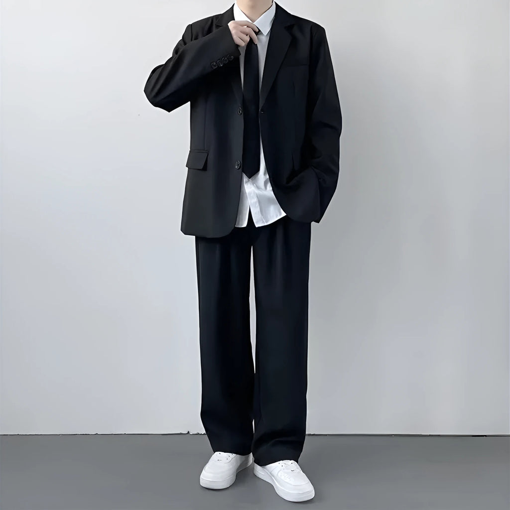 Plus size men's two-piece suit set with white dress shirt and tie on hanger
