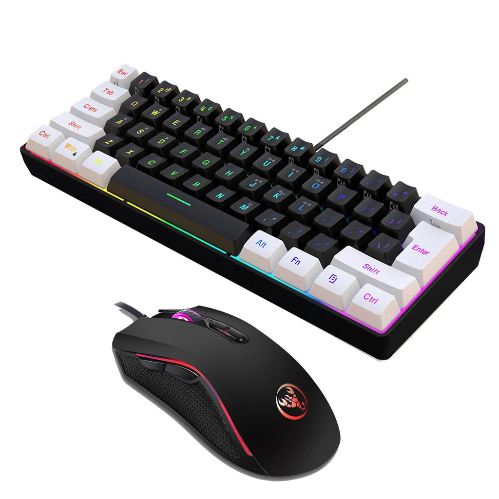 White and black wired USB gaming keyboard and mouse suit with colour backlighting on a desk.