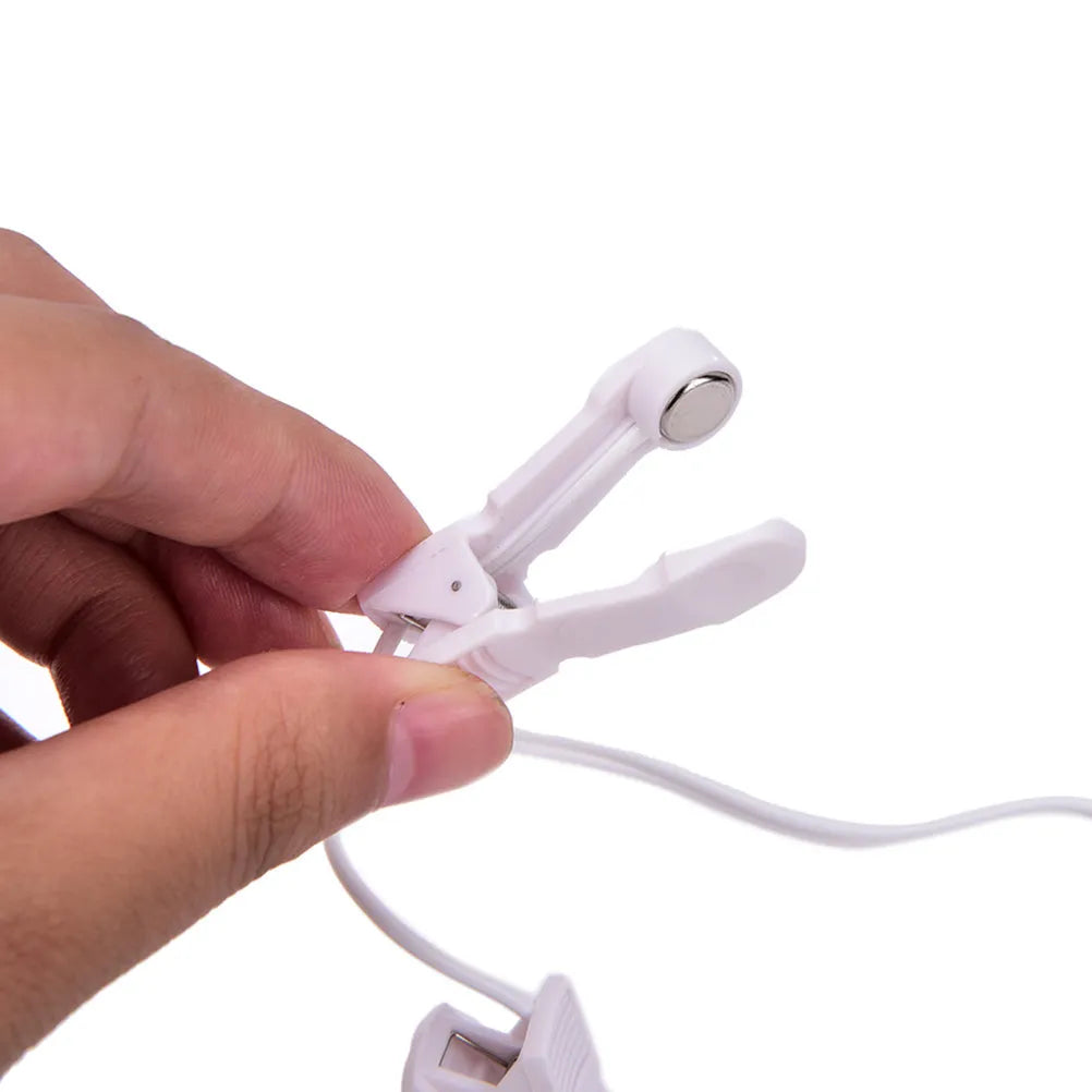 White massage ear clip with 3.5mm electrode wire for TENS machine, two clips included, handheld control