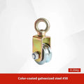 Red industrial lifting pulley with a forged steel hook and safety latch.