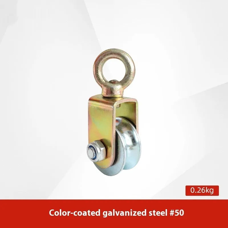 Red industrial lifting pulley with a forged steel hook and safety latch.