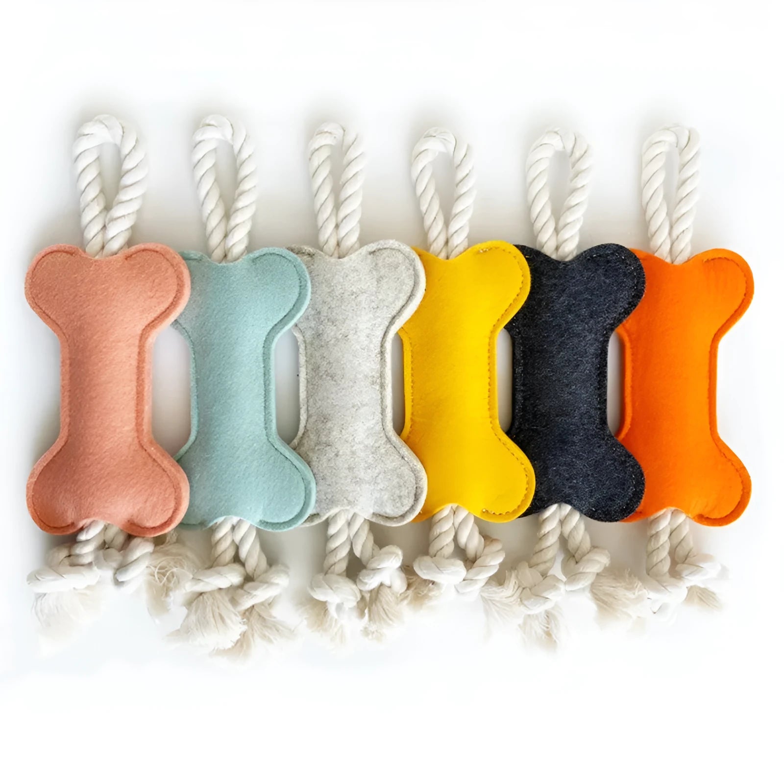 Bone-shaped dog toy with rope knot and felt, 16cm, in four colours